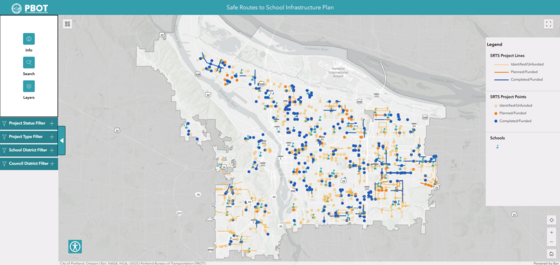 A screenshot of an online map with lines and dots titled, "Safe Routes to School Infrastructure Plan."