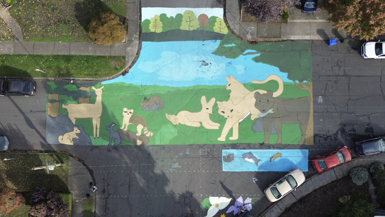 A large, colorful street mural in a neighborhood intersection depicting animals in a forest. 