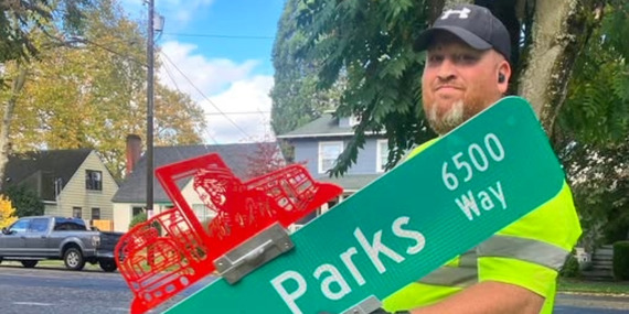 Rosa Parks Way street sign toppers featuring design by Arvie Smith