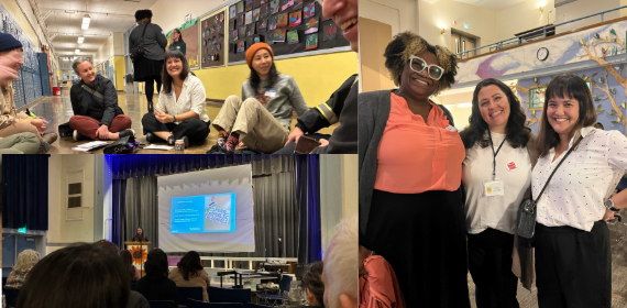 circle of people sitting on floor and talking; person presenting a "fully fund public schools" speech; three people smiling at camera