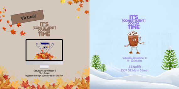 Images of cartoon happy coffee cup against fall leaves advertising virtual coffee time, and cartoon cup of cocoa on background with snow