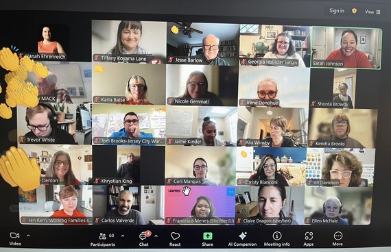 Picture of a computer screen during a virtual call, with 25 smaller rectangles with peoples' faces facing out