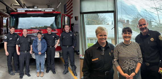 Four firefighters and Councilor standing in front of fire truck, smiling at camera; three people smiling at camera, including Fire Chief Johnson