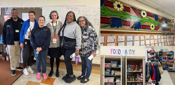 collage of four pictures, including group of people smiling at camera, food pantry, clothes closet, and mural in bright blue, red, yellow and green