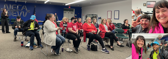 Large group of people, many wearing red, sitting in chairs, plus pictures with Tyler Fellini and Nathaniel Hartman-Hudson 