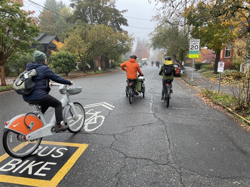 Three adults ride bikes on a bike bus route with pavement markings and signage. 