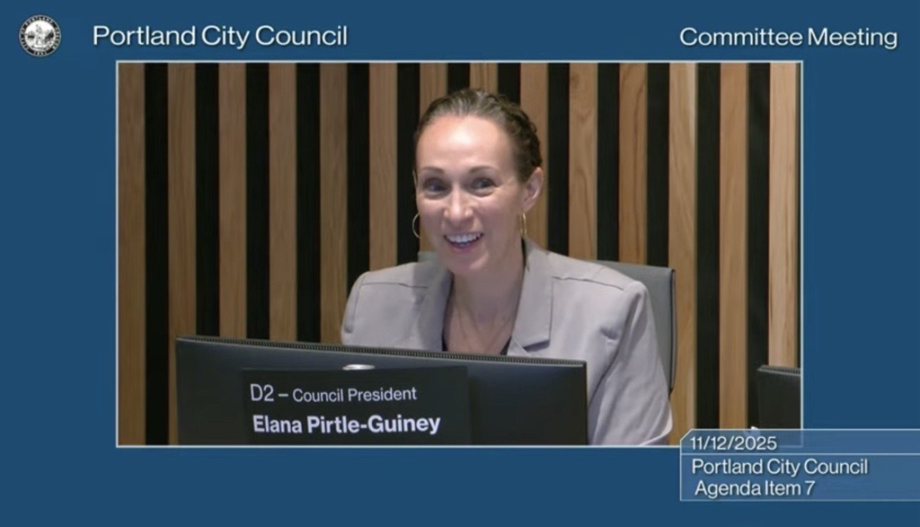 Council President Elana Pirtle-Guiney smiles from the dais in Portland City Hall