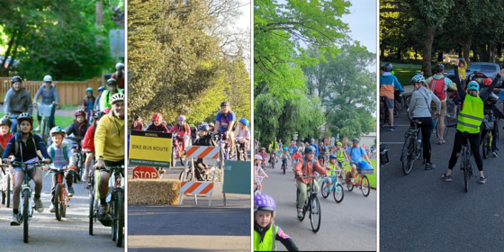 Collage of bike buses at four different Portland elementary schools.