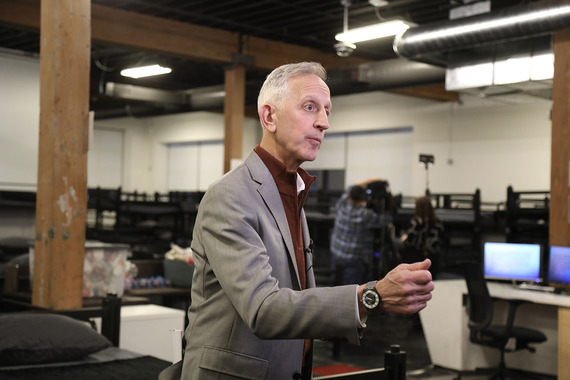 Mayor Keith Wilson is interviewed by television news crews at the Northrup shelter