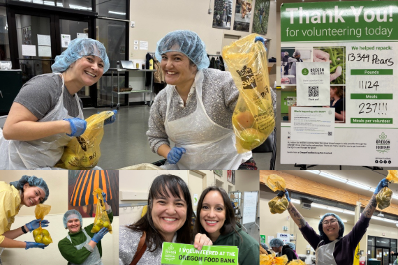 Pictures of smiling people in hairnets and aprons packing pears into yellow bags; sign that says "thank you for volunteering today"