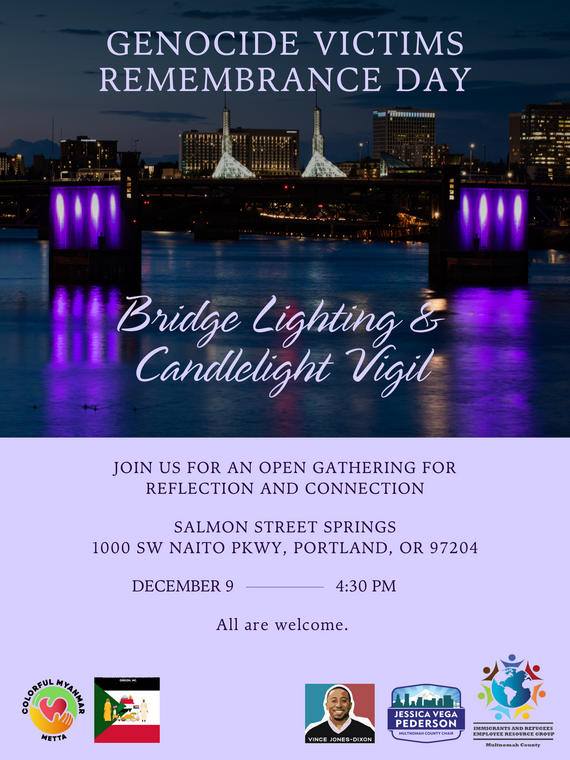 Flyer showing Morrison Bridge illuminated with purple lights; text "Genocide Victims Remembrance Day Bridge Lighting & Candlelight Vigil"