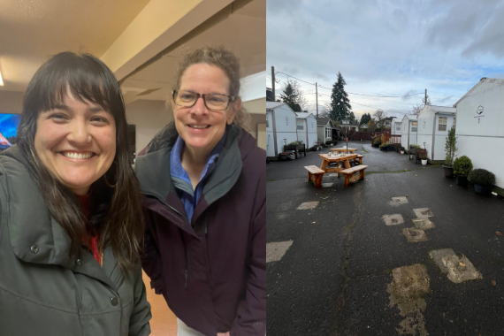 Councilor Tiffany Koyama Lane and Beacon Village executive director Cara Rothe, picture of small homes painted white with a picnic table