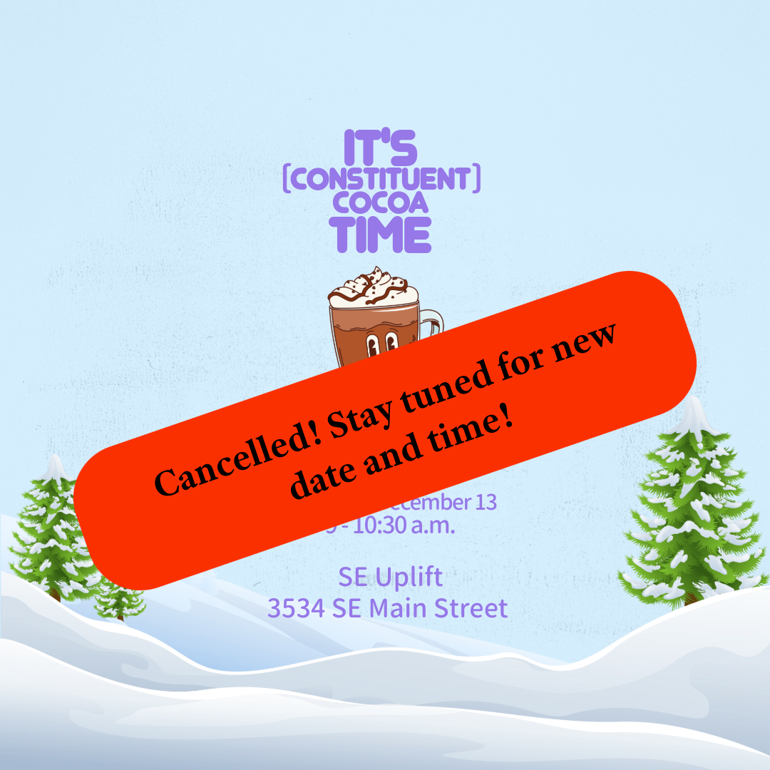 Cartoon image about constituent cocoa event, with "Cancelled! Stay tuned for a new date and time!" in a red rectangle on top of image