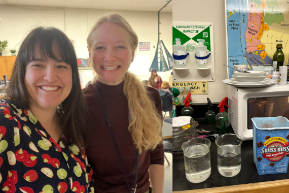 two pictures side by side, one of the councilor and Laura Waksman smiling, and the other of beakers of water and hot cocoa mix