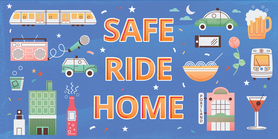 picture with many cartoon images including a boom box, disco ball, bus, Max train, buildings, clock and phone, with the words "safe ride home"