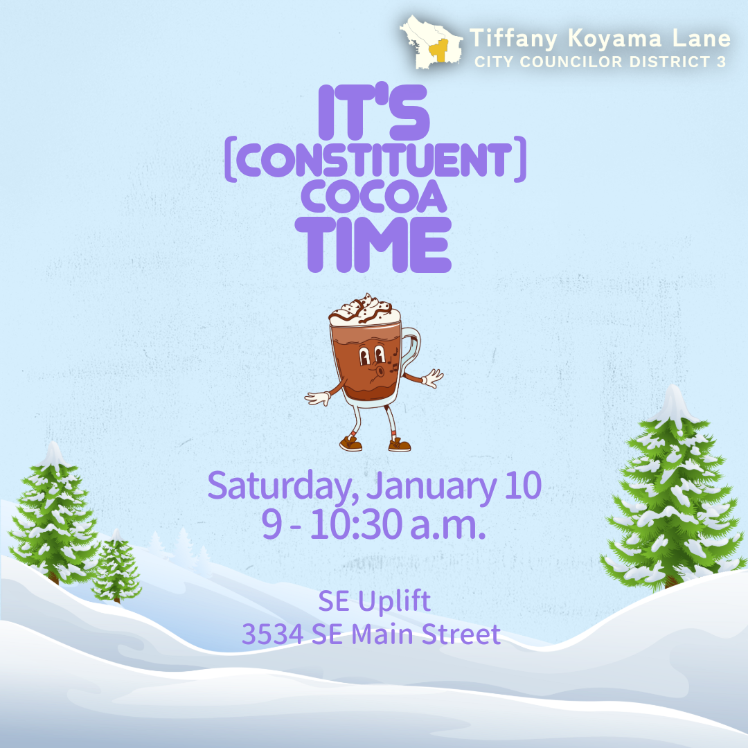 cartoon image of a cup of cocoa, on a background of snow and evergreen trees, with text about constituent coffee/cocoa event