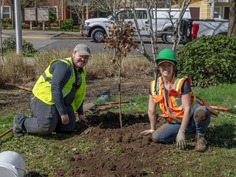 PPR - Two people smiling beside a small tree 