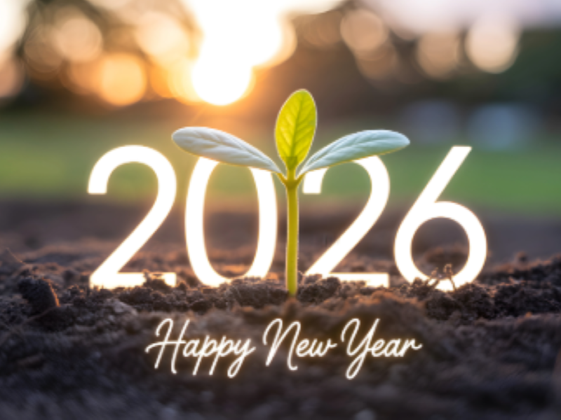 PPR - Sign that says happy new year 2026 with a small planted sapling in the foreground 