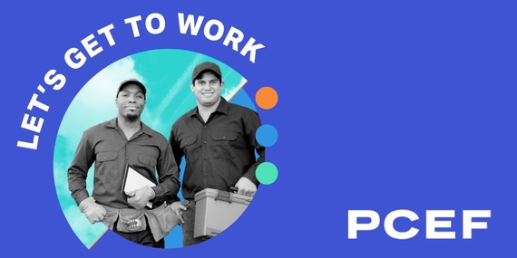 Graphic shows two people smiling and the words: let's get to work with the letters PCEF