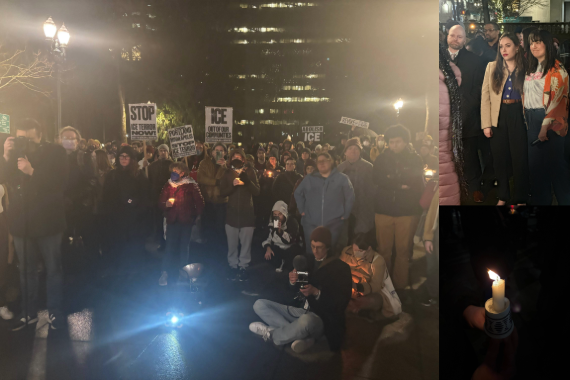 Crowd gathered in front of City Hall holding signs and candles, Councilors Green, Morillo and Koyama Lane listening to Councilor Avalos, and a candle