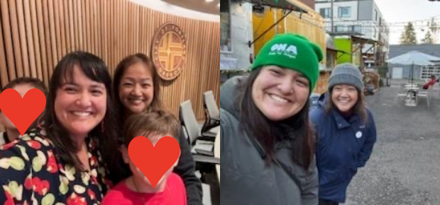 Councilor Koyama Lane, her mom, and her two kids (with hearts over their faces) visiting Council Chambers and a food cart pod