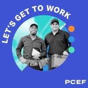 PCEF grant graphic shows two people smiling and the words "let's get to work."