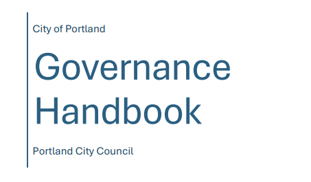 cover of City of Portland Governance Handbook for Portland City Council, blue lettering on white background with a blue vertical line on the left side