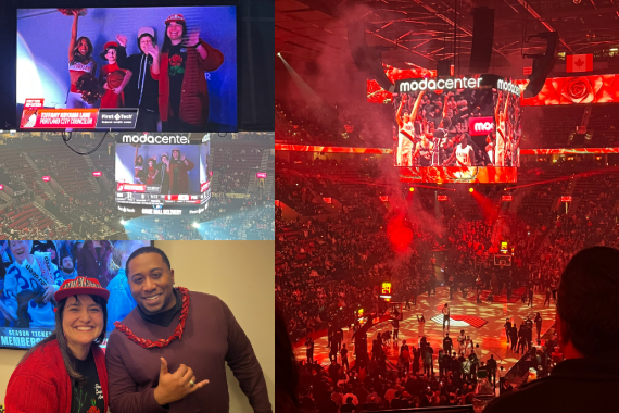 collage of three pictures showing the display at the Moda Center and two people smiling at the camera