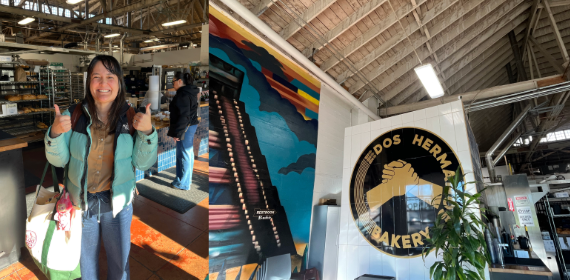 collage of Councilor Koyama Lane smiling with thumbs up, and the sign at Dos Hermanos Bakery including their logo of two hands clasping