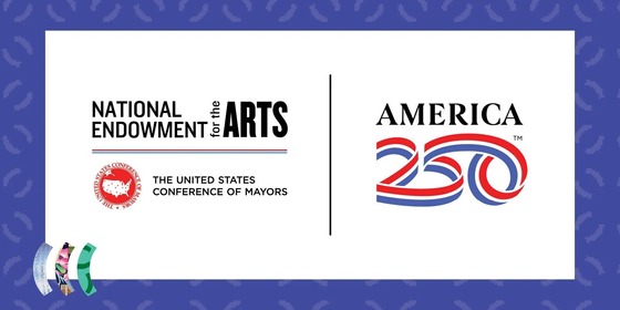 National Endowment for the Arts, The United States Conference of Mayors, and the America 250 logos on a white background framed by blue tonal pattern.