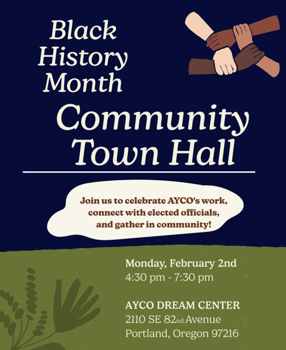 Poster of about AYCO Community Town Hall; images of four arms of various skin tones clasped together at top and botanical motif at bottom