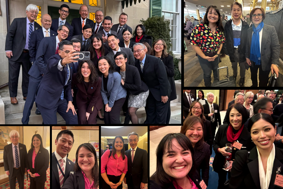 collage of six photos from trip U.S. - Japan Council Meeting -- group and duo photos of leaders from the U.S. and Japan, smiling at camera