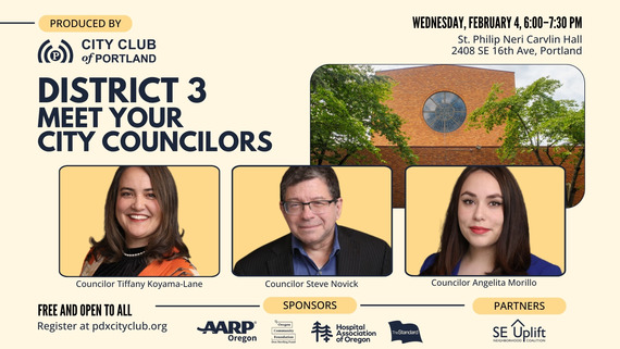 Poster about City Club of Portland District 3 Meet Your Councilors event; photos of Councilors Koyama Lane, Novick, and Morillo, and of church window