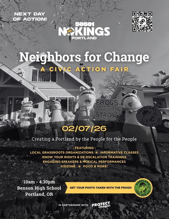 Poster with Neighbors for Change event info; grayscale photo of people in inflatable frog costumes in front yard holding signs