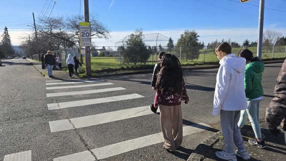 Four elementary school students wait to cross a marked crosswalk near a school.