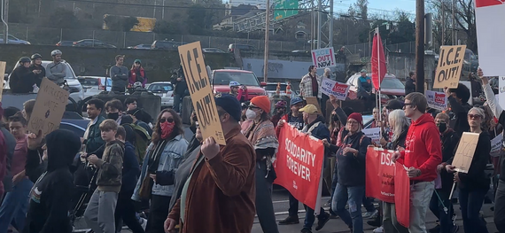 Protesters of all ages march toward the Macadam ICE facility after the Labor Rally on January 31, 2026