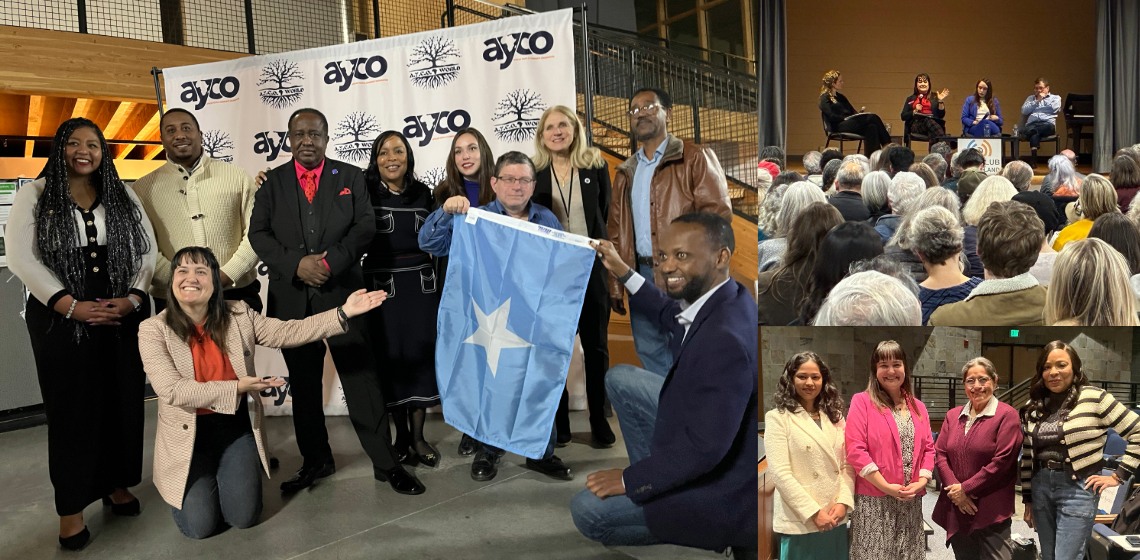 group of people in front of "ayco' and tree images backdrop, one with four people smiling at camera, and one of four people on stage in front of crowd