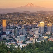 Skyline of Portland with a pink sky