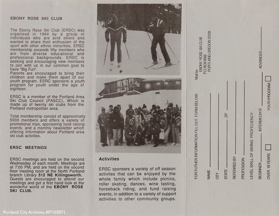 Brochure for the Ebony Rose Ski Club backside shows photos of the members