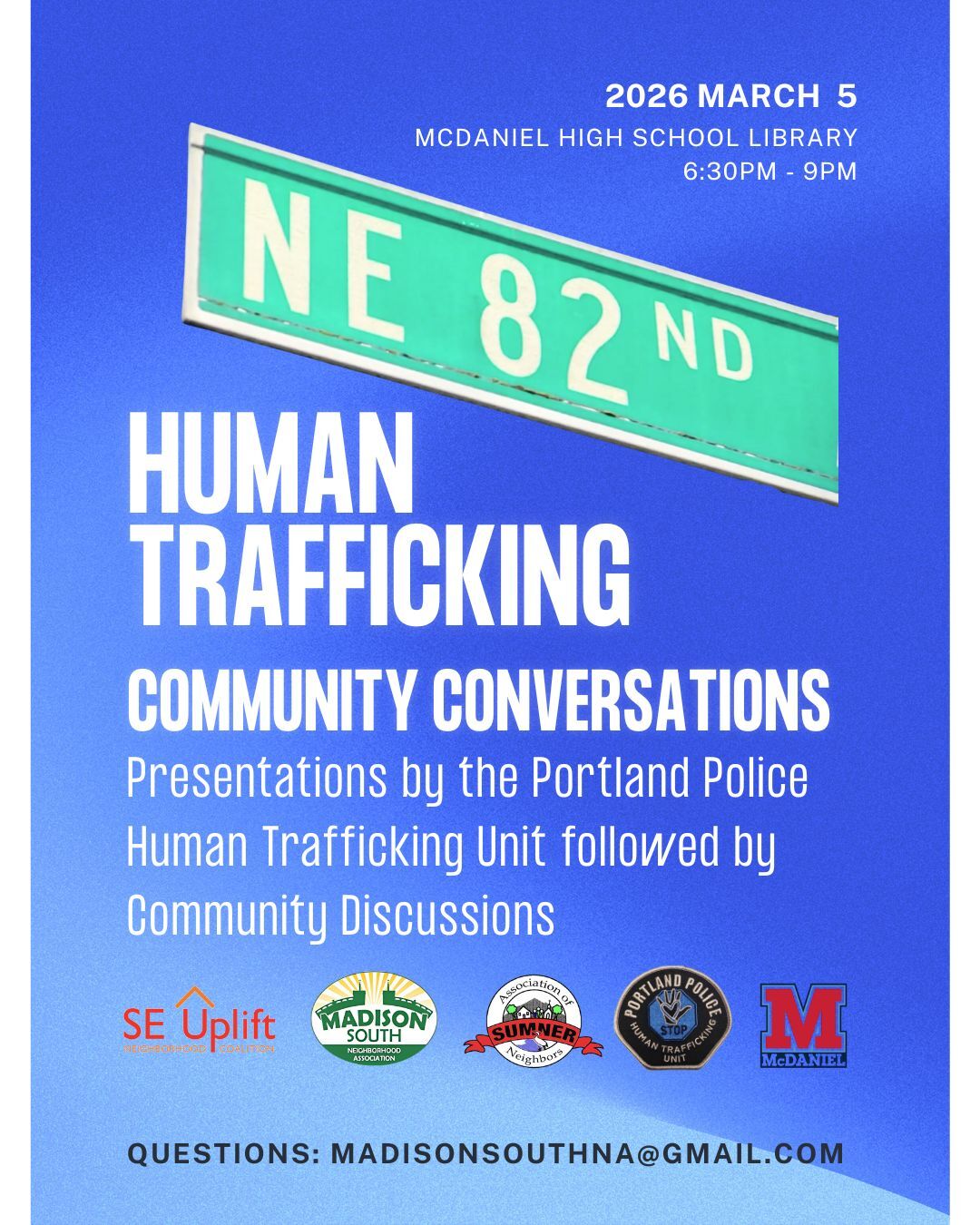 Poster of "NE 82nd" street sign against blue sky; white text about "Human Trafficking: Community Conversations" event with sponsorship logos