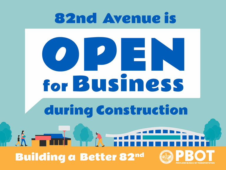 Images of adult and child and person with walking stick along a path with various buildings, "82nd Avenue is OPEN for Business during Construction"