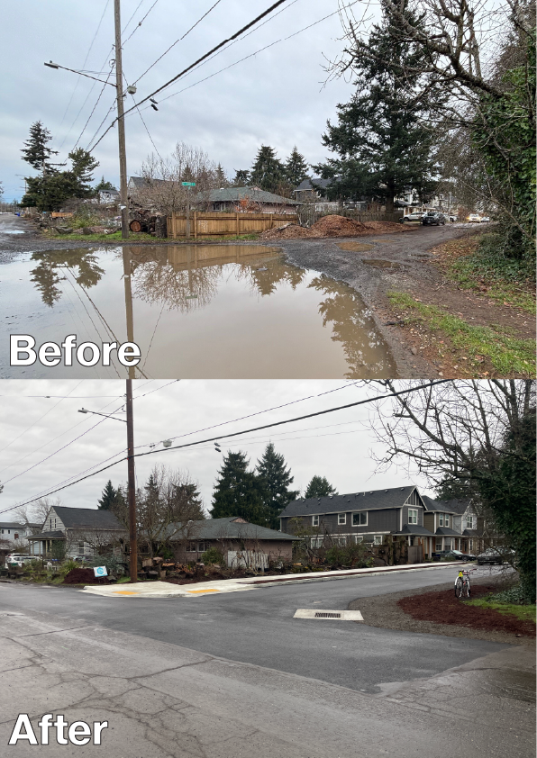 Before and after photos of flooded residential street intersection improved with pavement, sidewalks, and ADA ramps.