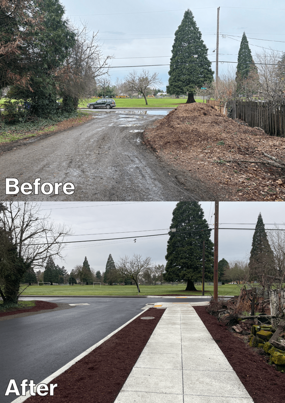 Before and after photos of a gravel street improved with pavement, sidewalks, and ADA ramps.
