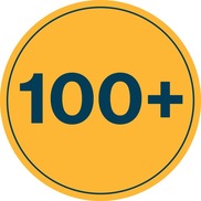 Yellow circle with "100+" in dark blue lettering