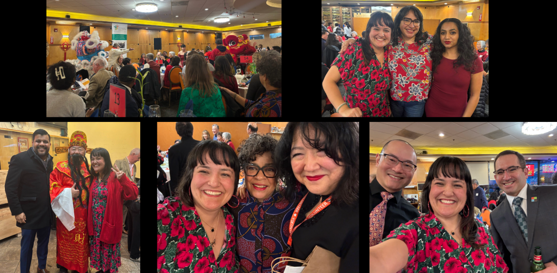 Collage of five photos: many people, several wearing red, smiling at camera, and ion dance performers in front of an audience seated at tables
