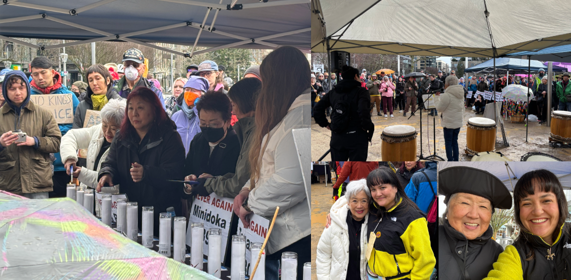 Collage of four photos: candles lined up on a table, people holding signs reading "never again," person addressing crowd from under a white popup tent