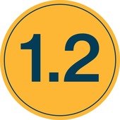 Yellow circle with the number 1.2 in dark blue lettering