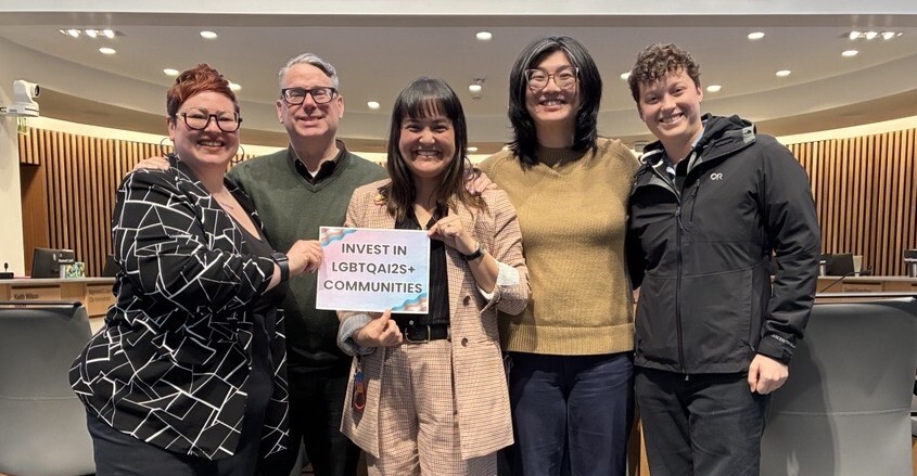 Five people smiling at camera in front of City Council dais, holding "Invest in LGBTQIA2S+ Communities" sign