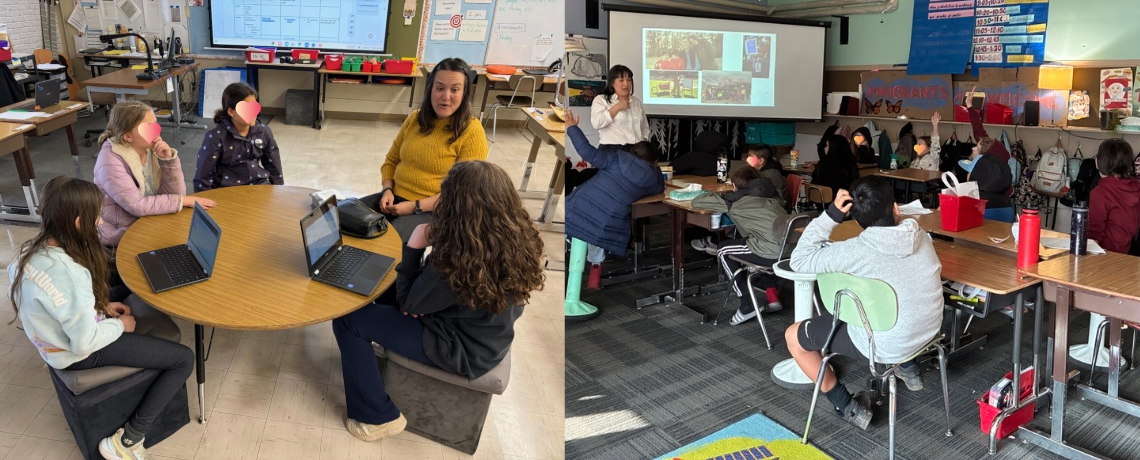 Two photos, one of Councilor Koyama Lane sitting around a table with four students, and one of the councilor speaking to students in a classroom