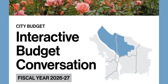 Rose bushes in Peninsula Park top a banner with the words: Interactive Budget Session fiscal year 2026 - 27